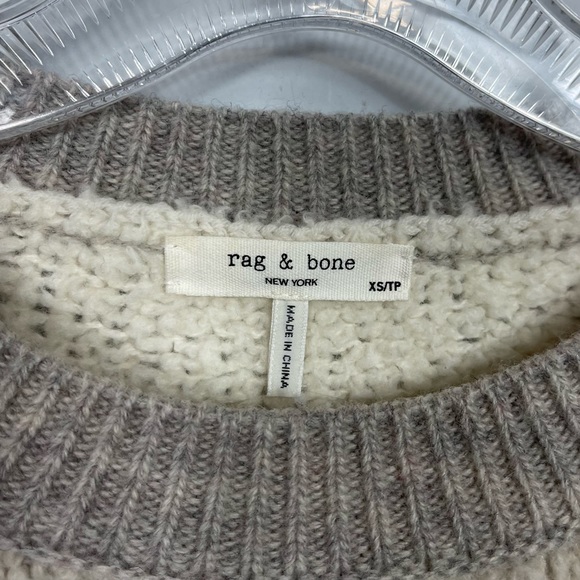 Rag & Bone Knit Davis Color Block Crew Wool Teddy Sweater XS Ivory Gray Tan - Picture 8 of 16